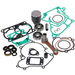Complete motorcycle engine rebuild kit with piston, conrod, bearings, gaskets and oil seals